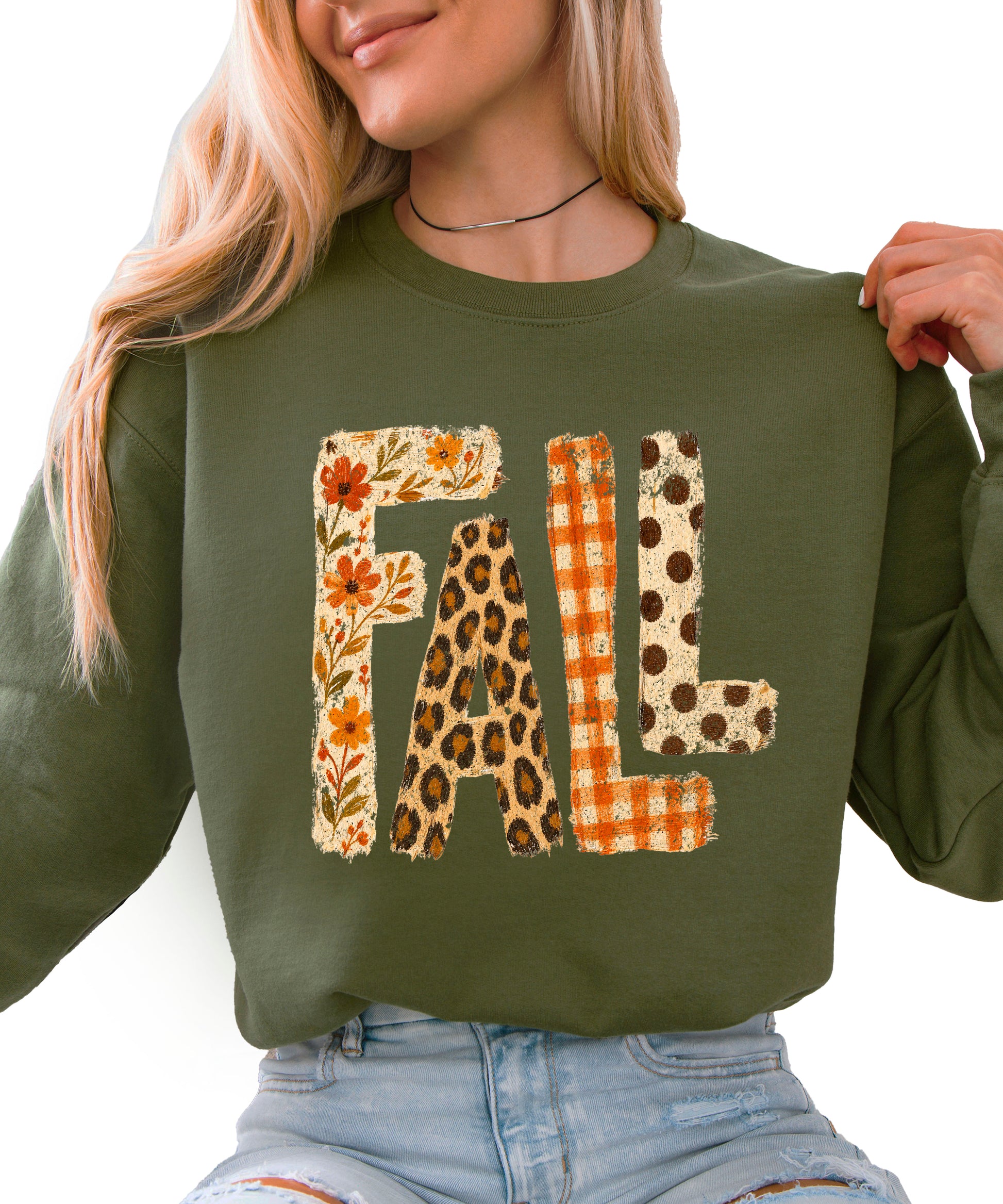 Fall Sweatshirt for Women and Teen Girls Leopard Floral Plaid Autumn Crewneck Pullover - Army Green Sweatshirt view 1