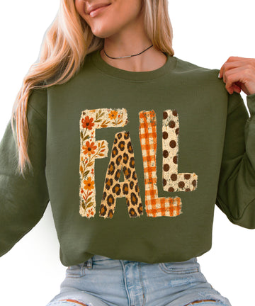 Fall Sweatshirt for Women and Teen Girls Leopard Floral Plaid Autumn Crewneck Pullover - Army Green Sweatshirt view 1