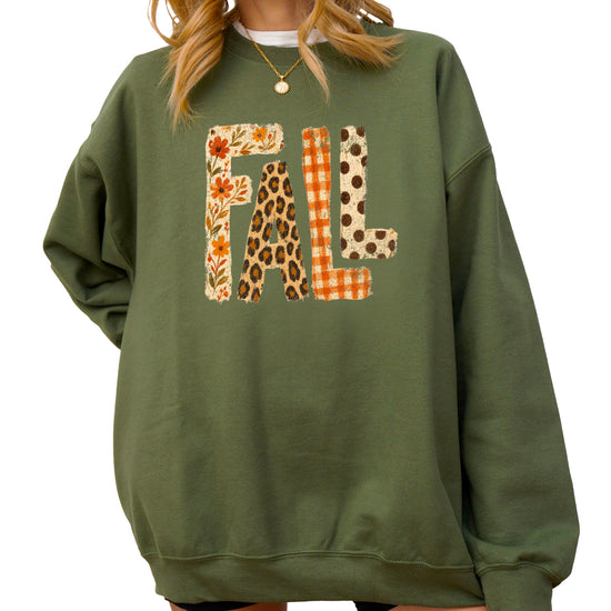 Fall Sweatshirt for Women and Teen Girls Leopard Floral Plaid Autumn Crewneck Pullover - Army Green Sweatshirt view 2