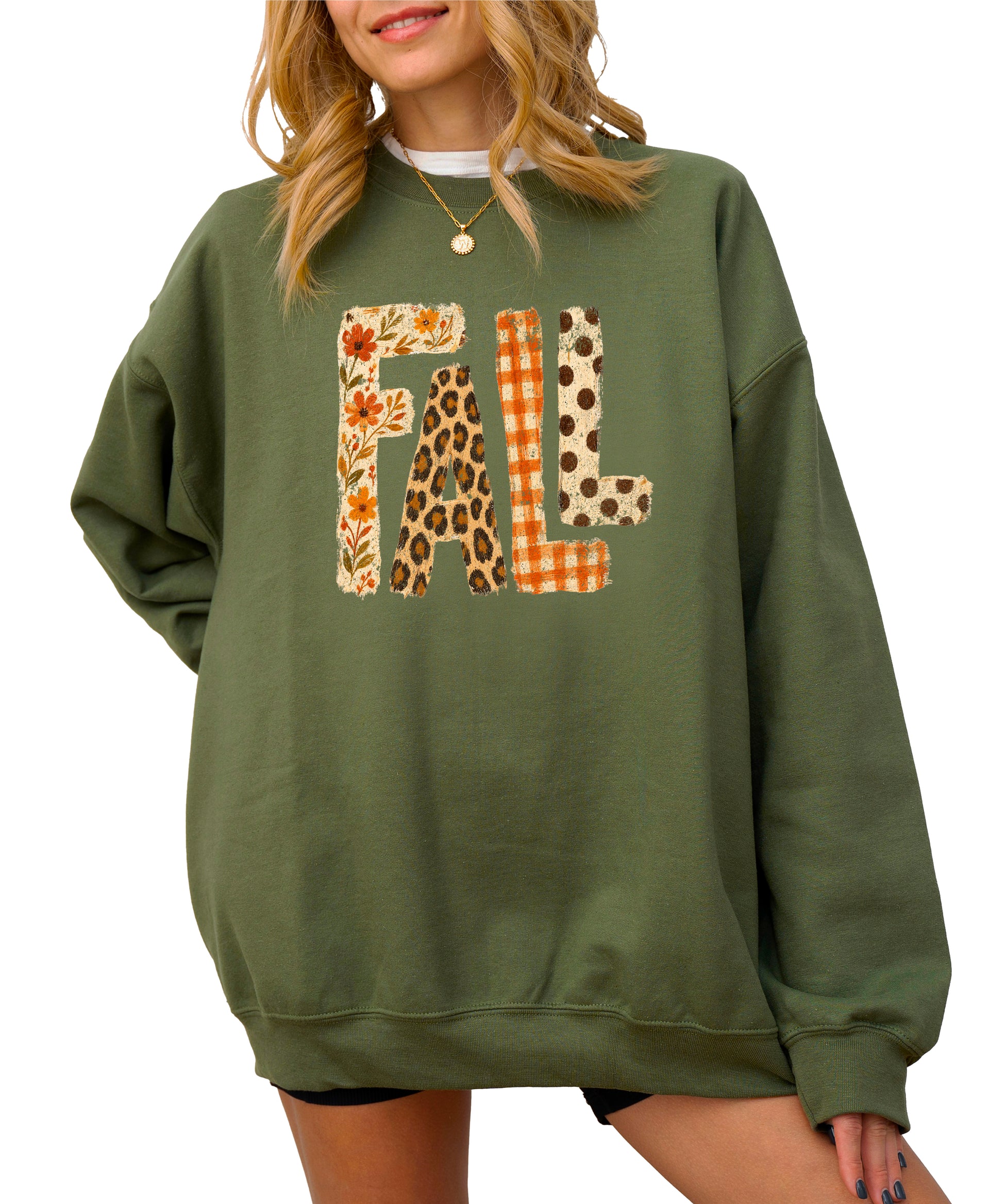 Fall Sweatshirt for Women and Teen Girls Leopard Floral Plaid Autumn Crewneck Pullover - Army Green Sweatshirt view 2