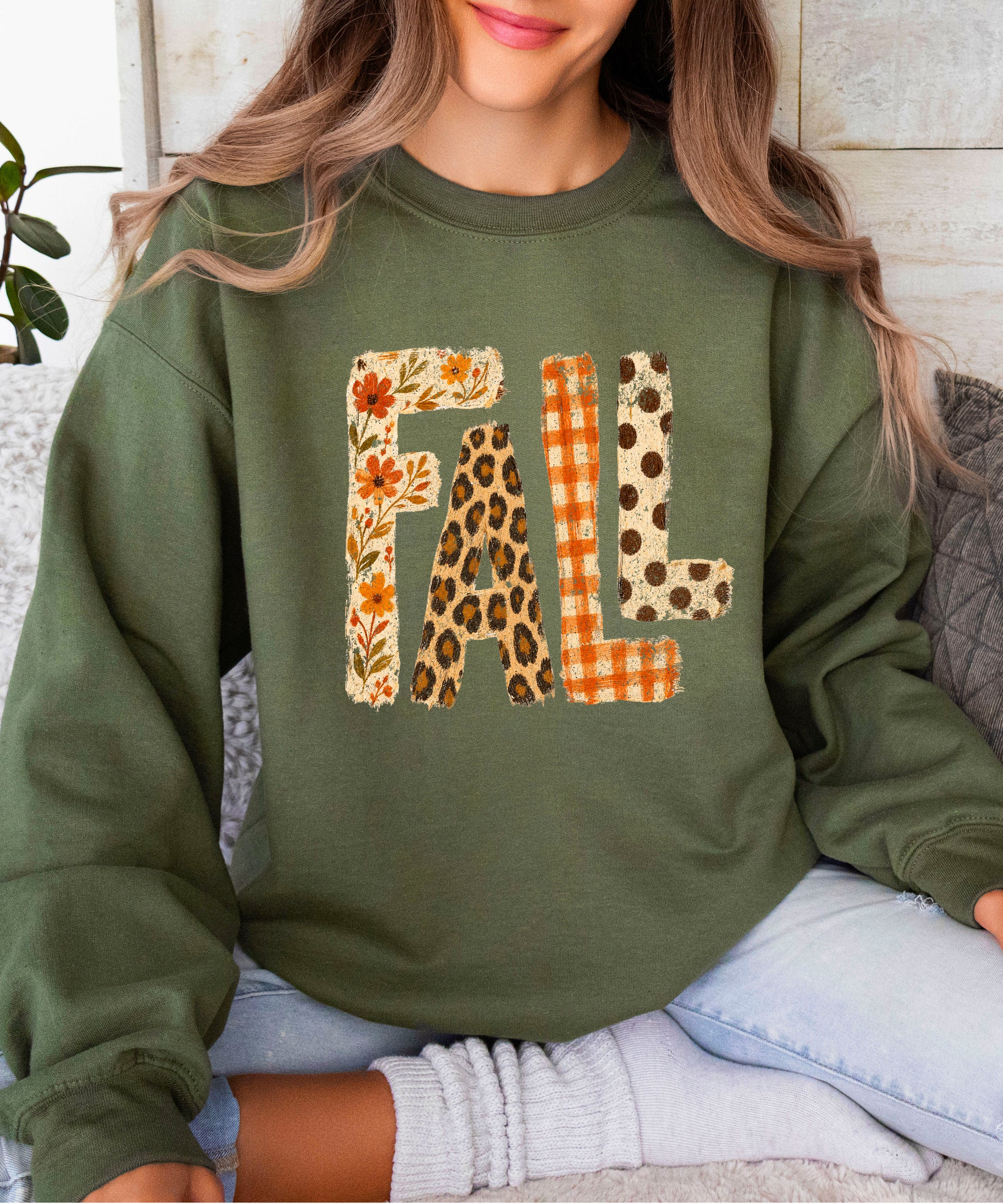 Fall Sweatshirt for Women and Teen Girls Leopard Floral Plaid Autumn Crewneck Pullover - Army Green Sweatshirt view 4