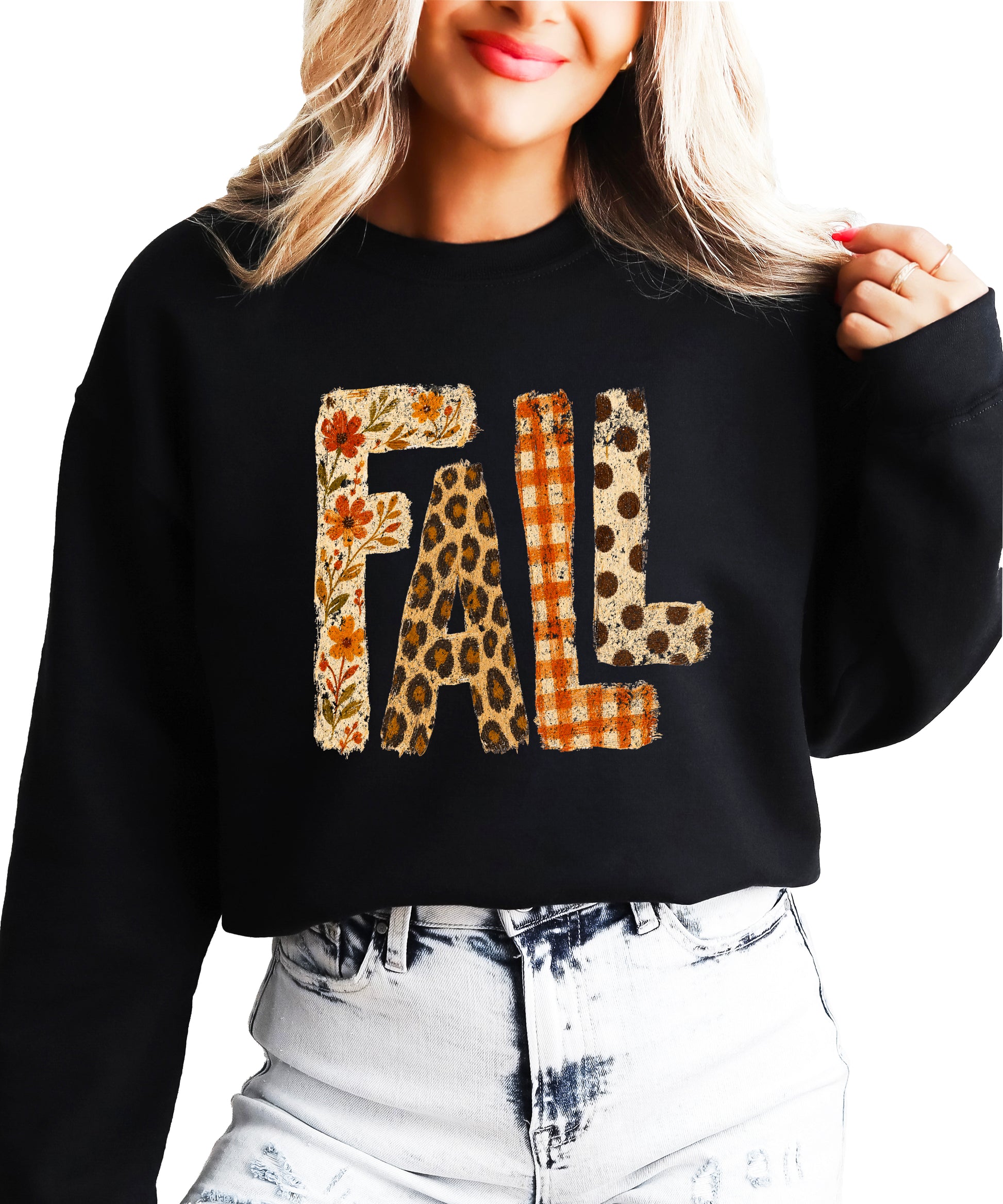 Fall Sweatshirt for Women and Teen Girls Leopard Floral Plaid Autumn Crewneck Pullover - Black Sweatshirt view 1