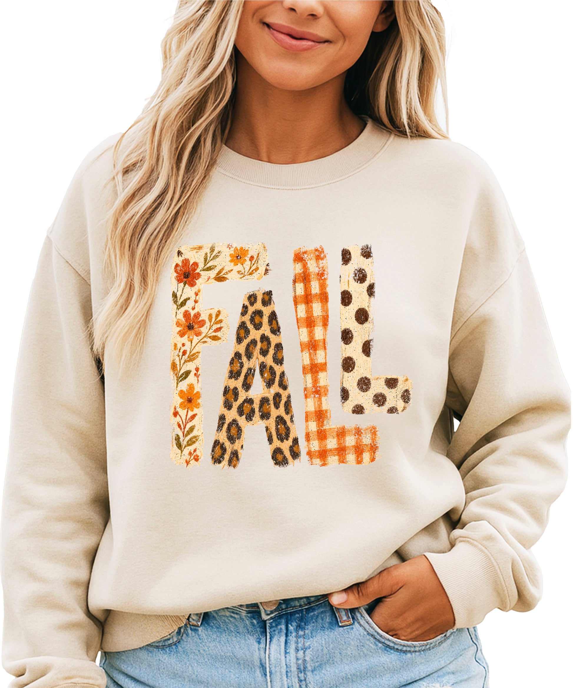 Fall Sweatshirt for Women and Teen Girls Leopard Floral Plaid Autumn Crewneck Pullover - Sand Sweatshirt view 1