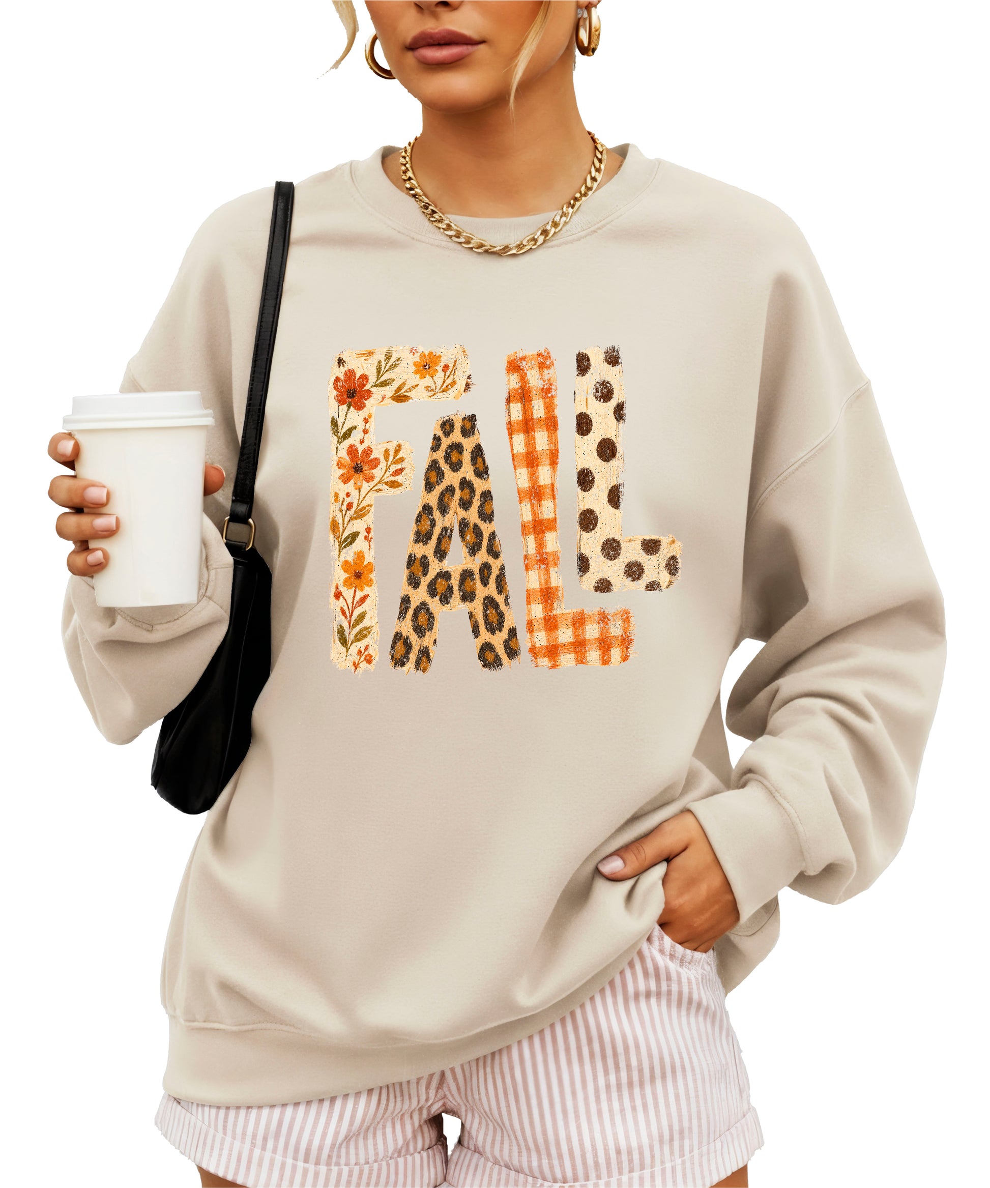 Fall Sweatshirt for Women and Teen Girls Leopard Floral Plaid Autumn Crewneck Pullover - Sand Sweatshirt view 2