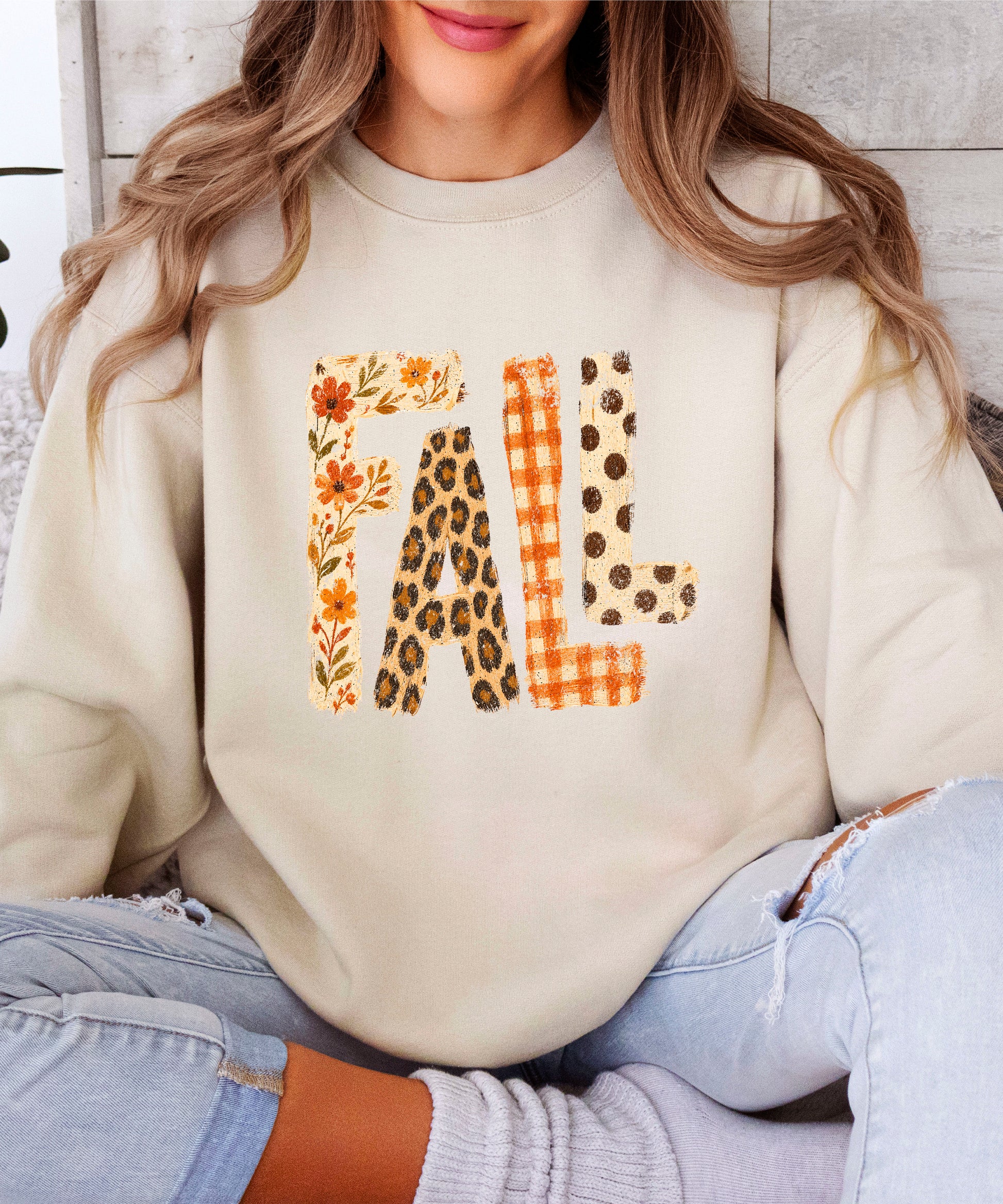 Fall Sweatshirt for Women and Teen Girls Leopard Floral Plaid Autumn Crewneck Pullover - Sand Sweatshirt view 4