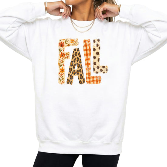 Fall Sweatshirt for Women and Teen Girls Leopard Floral Plaid Autumn Crewneck Pullover - White Sweatshirt view 2