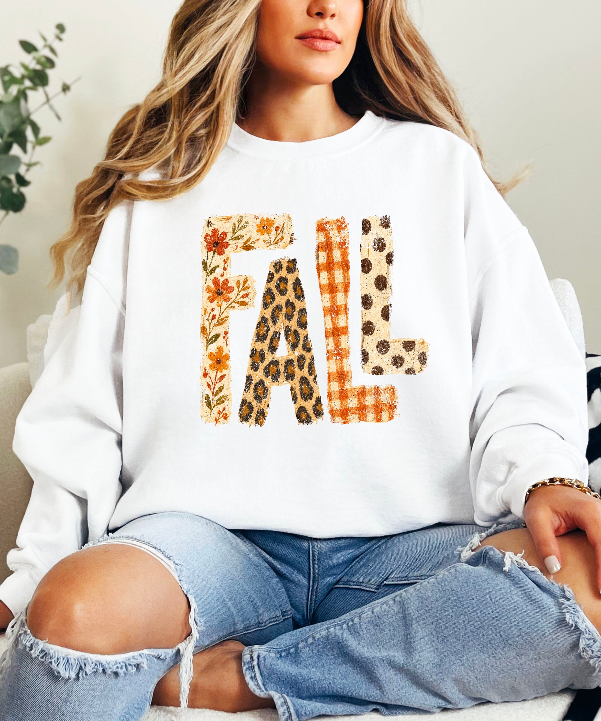 Fall Sweatshirt for Women and Teen Girls Leopard Floral Plaid Autumn Crewneck Pullover - White Sweatshirt view 4