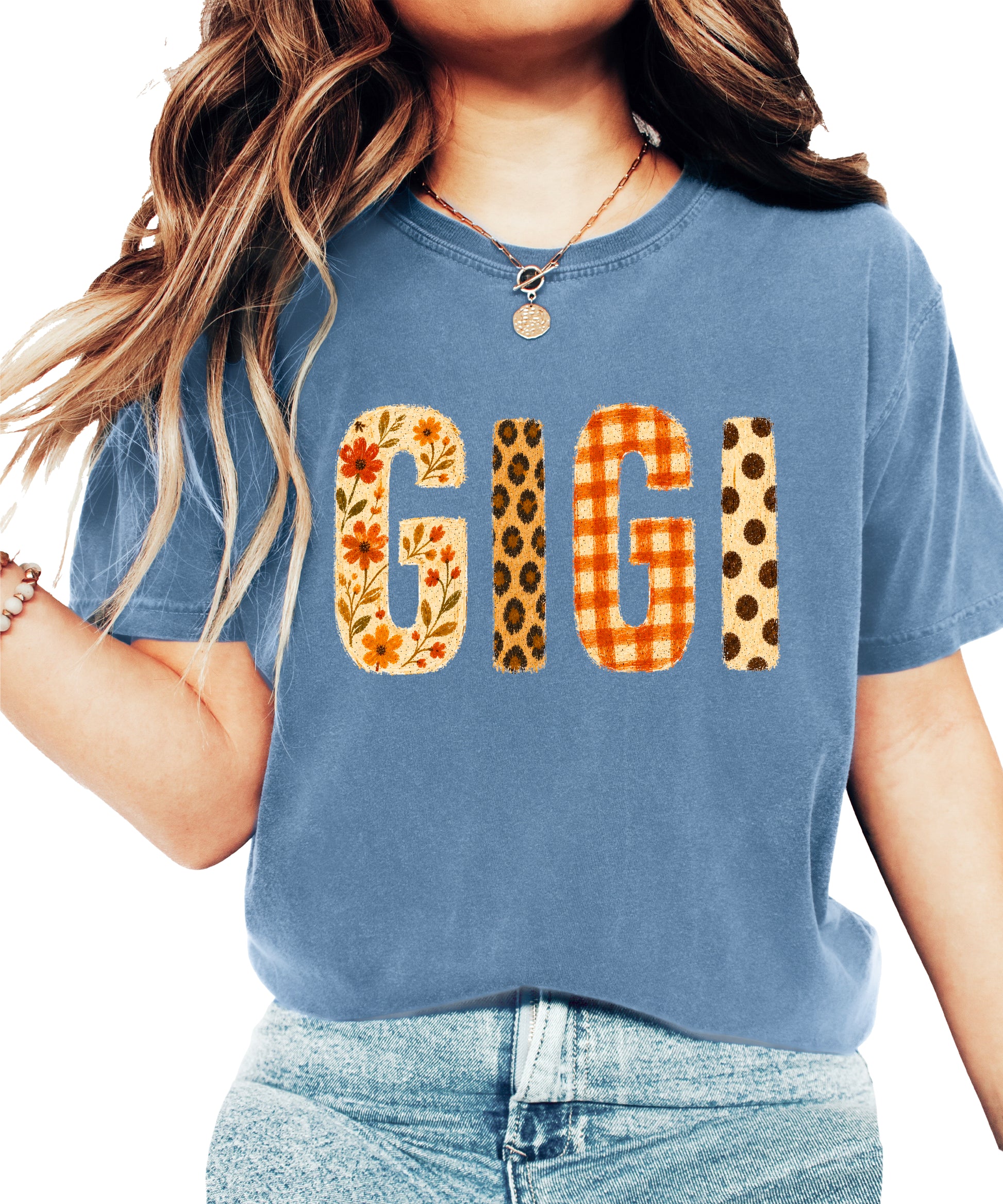 Fall Floral Mama Nana Gigi grandma graphic tee, Gigi - Blue Jean Shirt, view 1