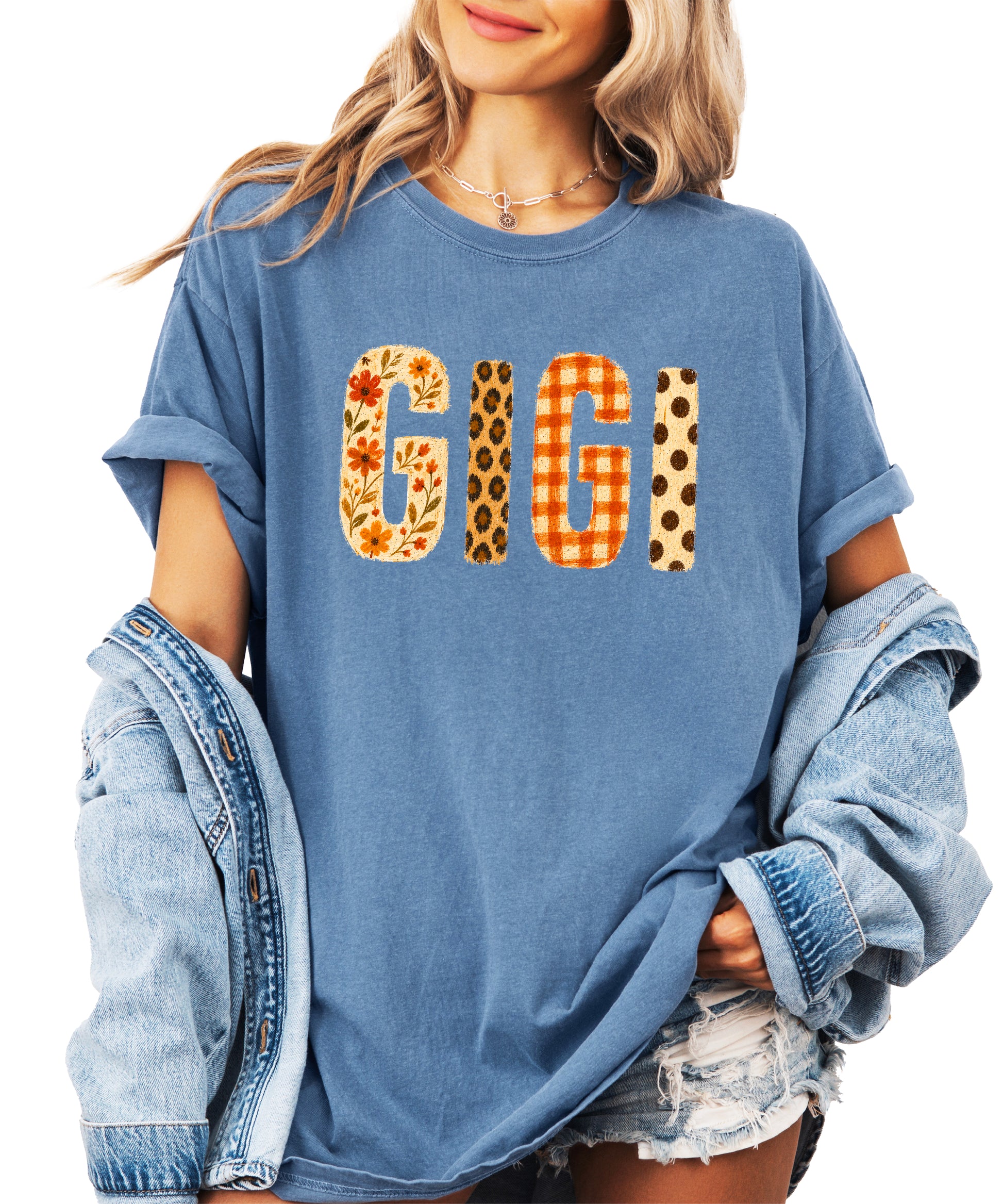 Fall Floral Mama Nana Gigi grandma graphic tee, Gigi - Blue Jean Shirt, view 3