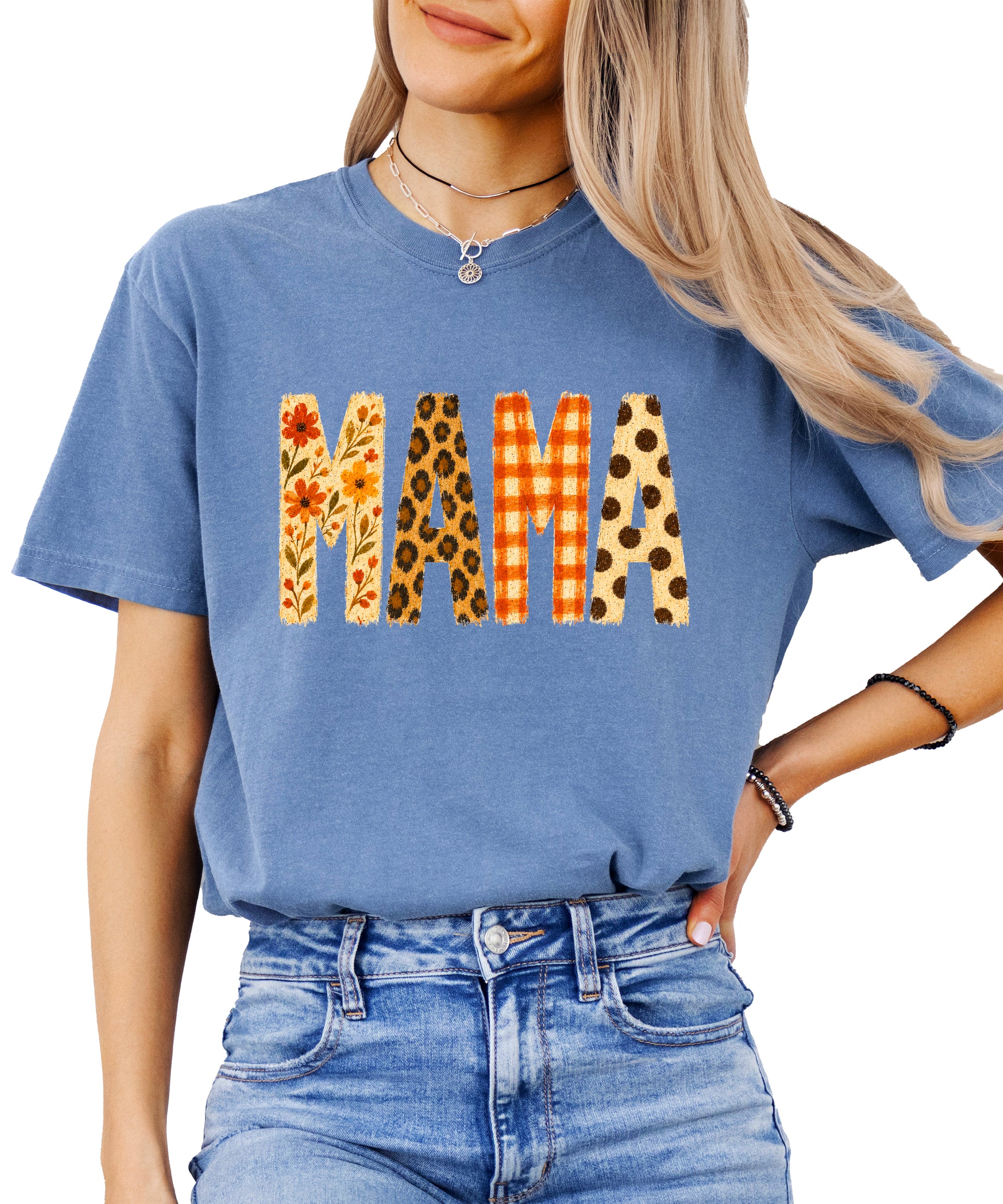 Fall Floral Mama Nana Gigi grandma graphic tee, Mama - Blue Jean Shirt, view 1