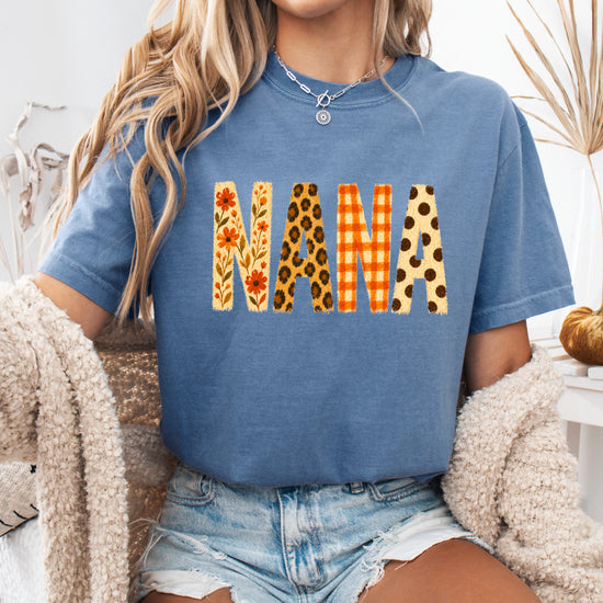 Fall Floral Mama Nana Gigi grandma graphic tee, Nana - Blue Jean Shirt, view 3