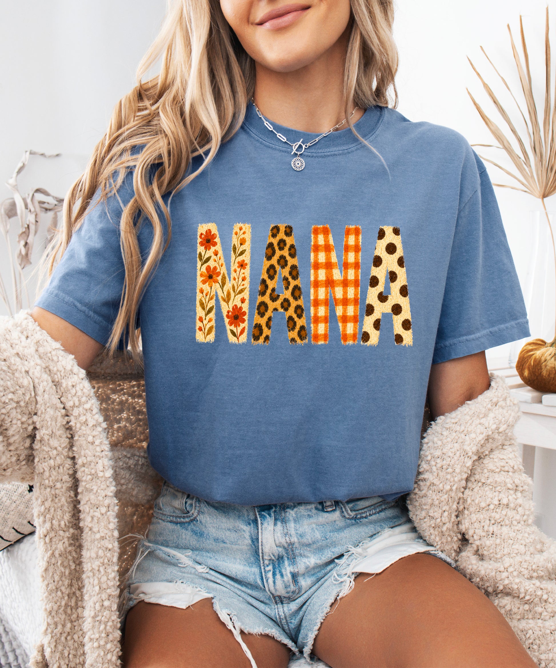 Fall Floral Mama Nana Gigi grandma graphic tee, Nana - Blue Jean Shirt, view 3
