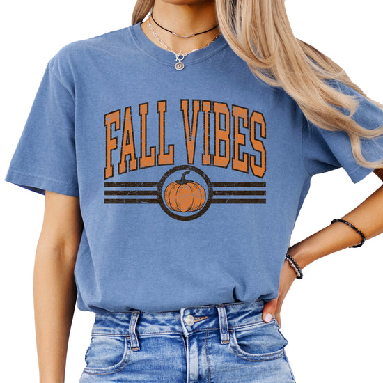 Fall Vibes Pumpkin retro varsity graphic tee, Blue Jean Shirt, view 2