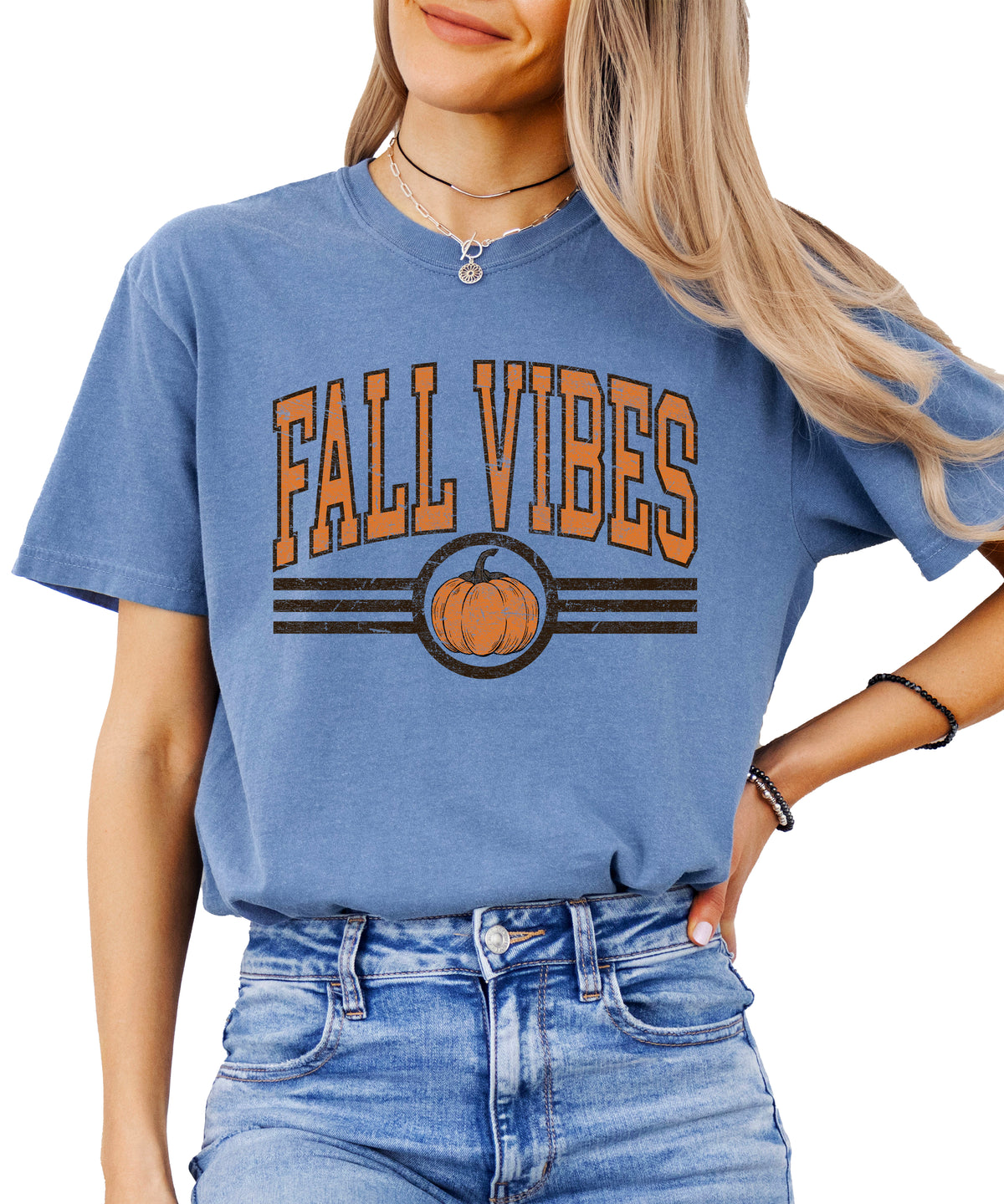 Fall Vibes Pumpkin retro varsity graphic tee, Blue Jean Shirt, view 2
