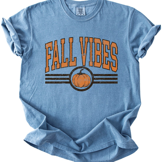 Fall Vibes Pumpkin retro varsity graphic tee, Blue Jean Shirt, view 3