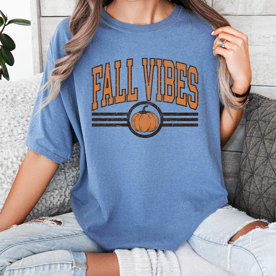Fall Vibes Pumpkin retro varsity graphic tee, Blue Jean Shirt, view 4