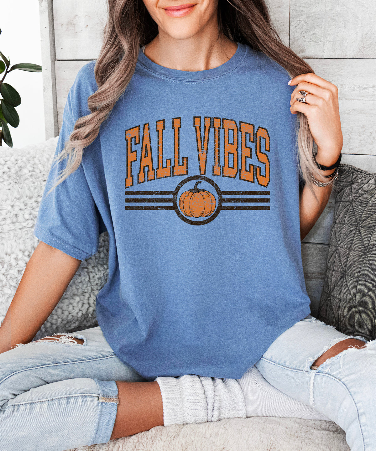 Fall Vibes Pumpkin retro varsity graphic tee, Blue Jean Shirt, view 4