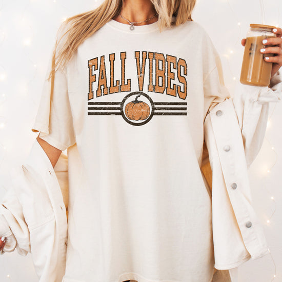 Fall Vibes Pumpkin retro varsity graphic tee, Ivory Shirt, view 4