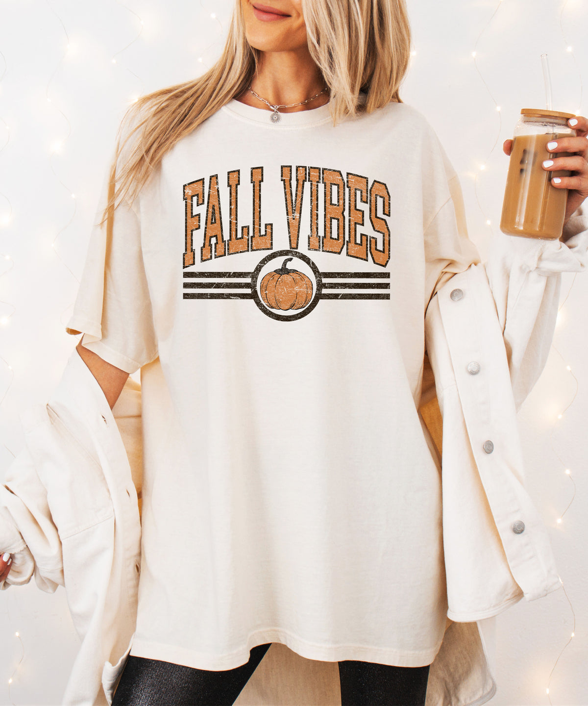 Fall Vibes Pumpkin retro varsity graphic tee, Ivory Shirt, view 4