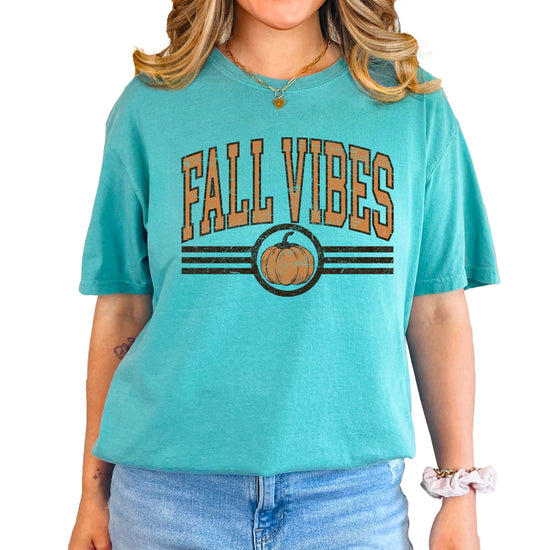 Fall Vibes Pumpkin retro varsity graphic tee, Seafoam Shirt, view 1