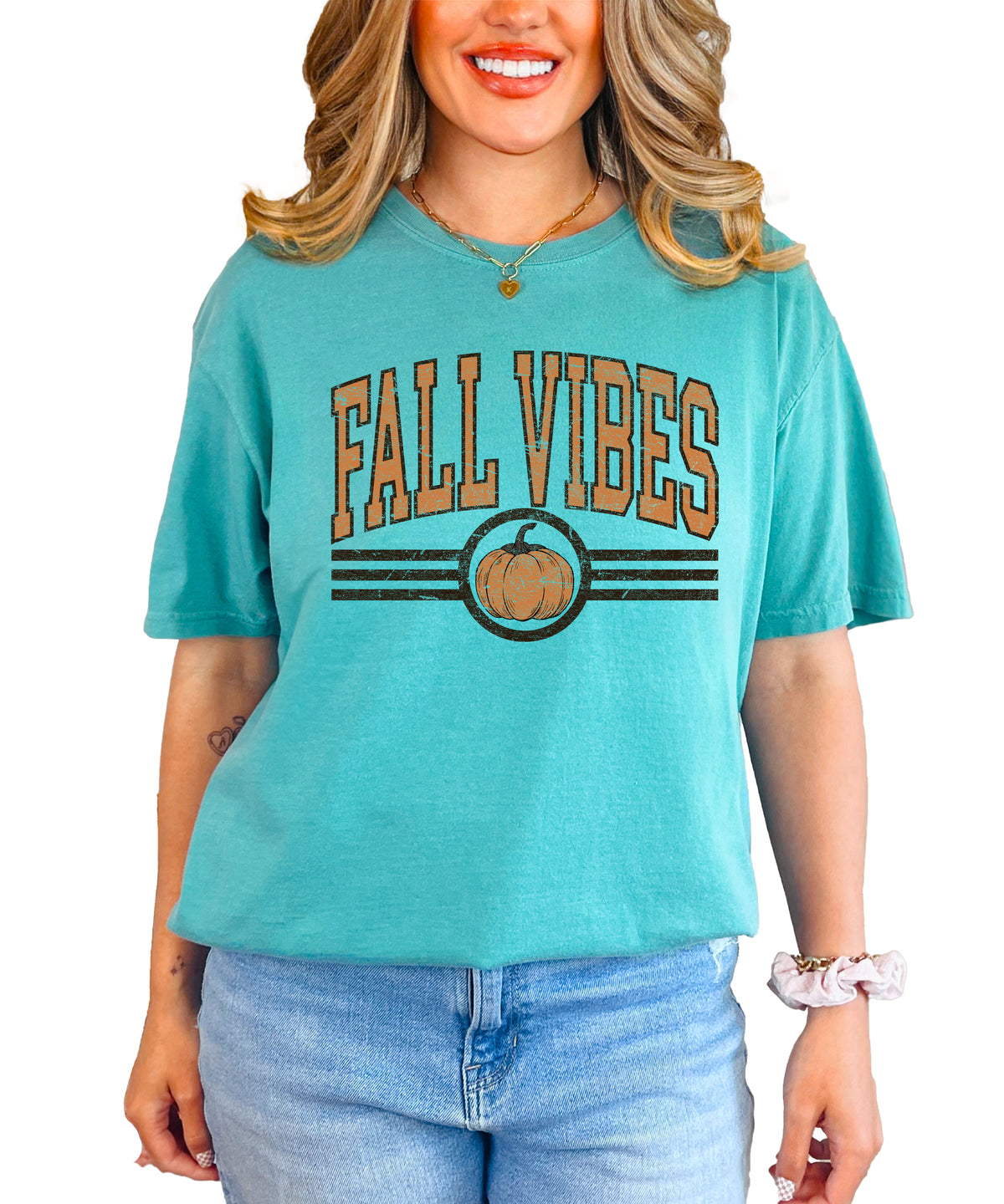 Fall Vibes Pumpkin retro varsity graphic tee, Seafoam Shirt, view 1