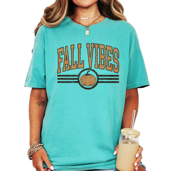 Fall Vibes Pumpkin retro varsity graphic tee, Seafoam Shirt, view 2