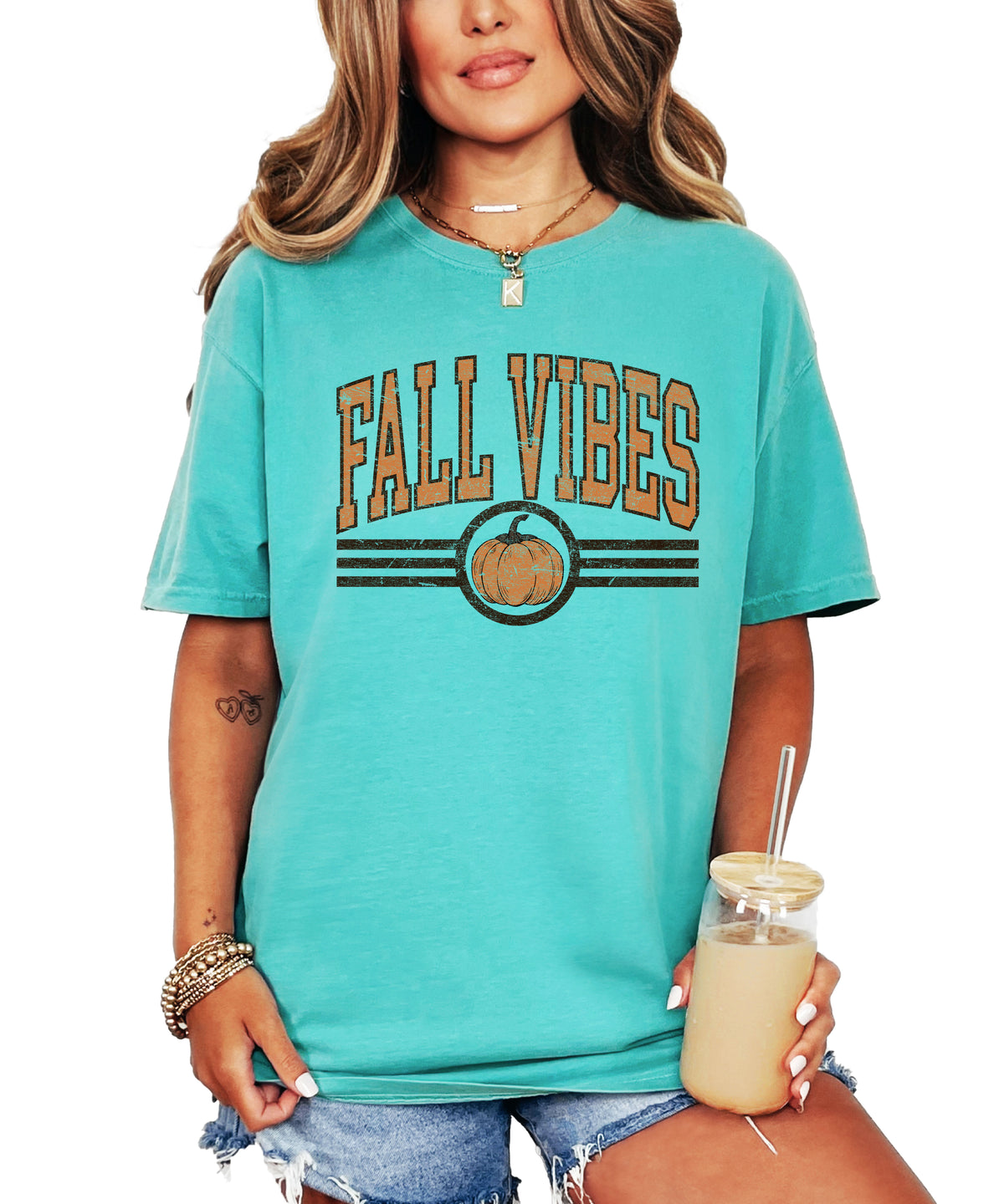 Fall Vibes Pumpkin retro varsity graphic tee, Seafoam Shirt, view 2