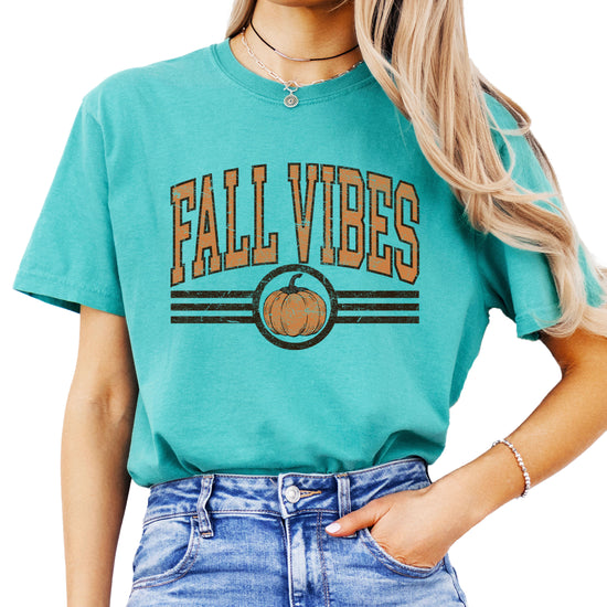 Fall Vibes Pumpkin retro varsity graphic tee, Seafoam Shirt, view 4