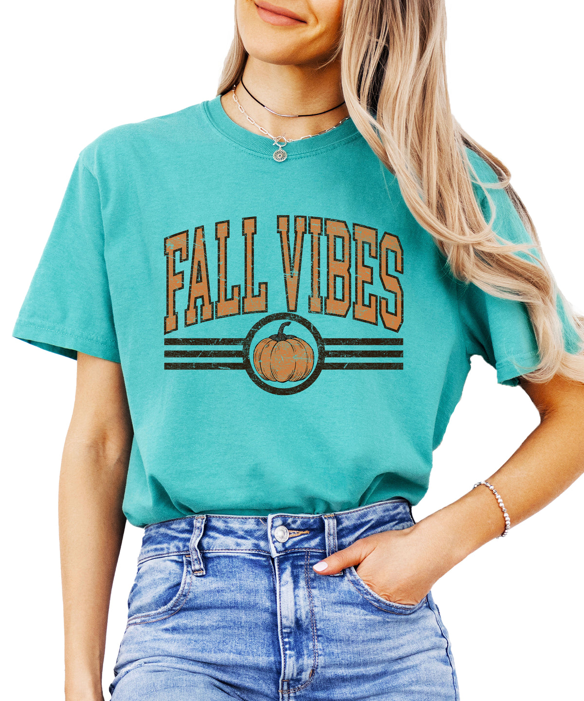 Fall Vibes Pumpkin retro varsity graphic tee, Seafoam Shirt, view 4