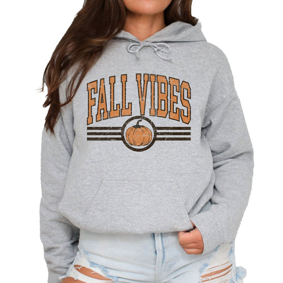 Fall Vibes vintage varsity pumpkin hoodie for women in Gray, front view