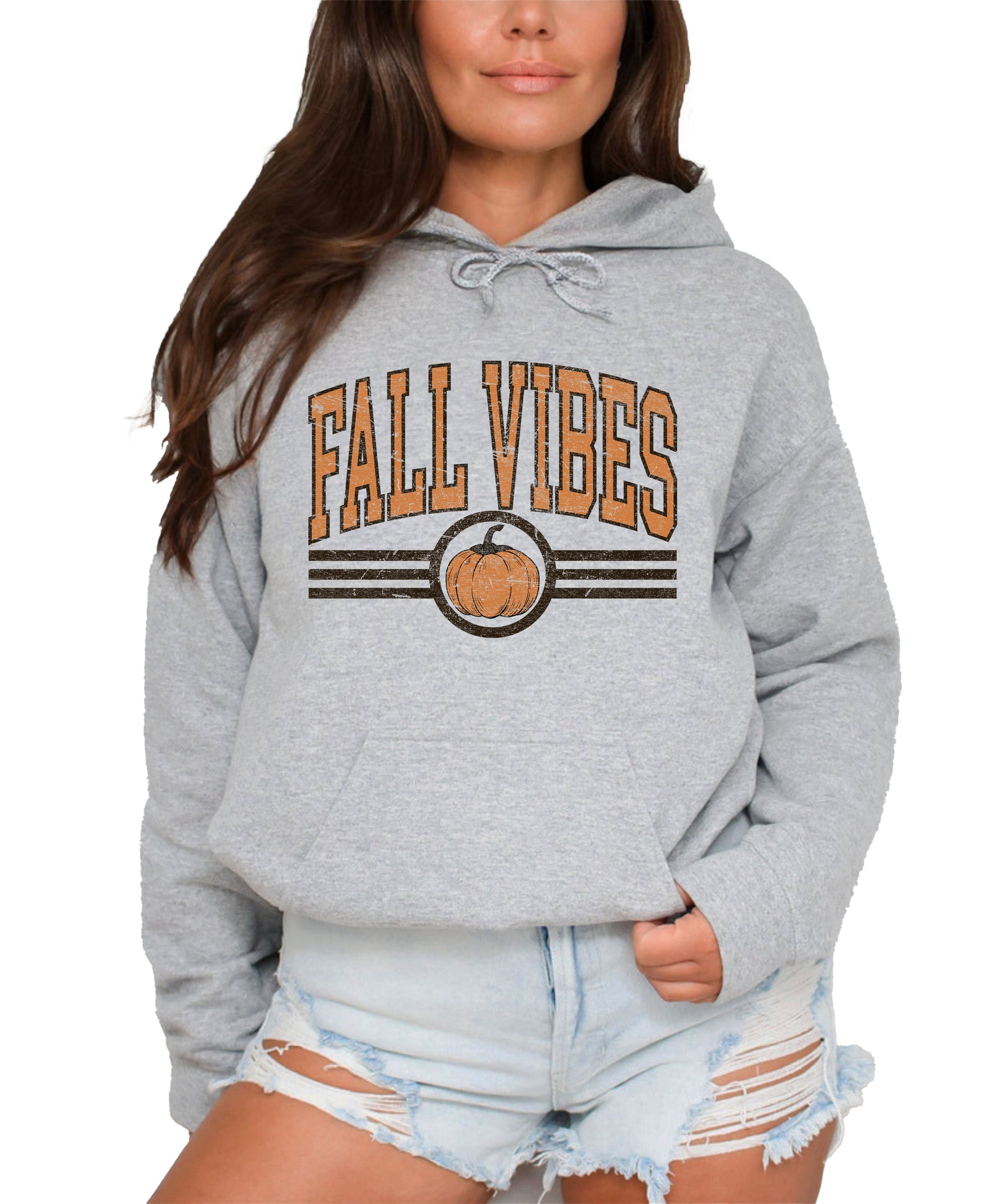 Fall Vibes vintage varsity pumpkin hoodie for women in Gray, front view