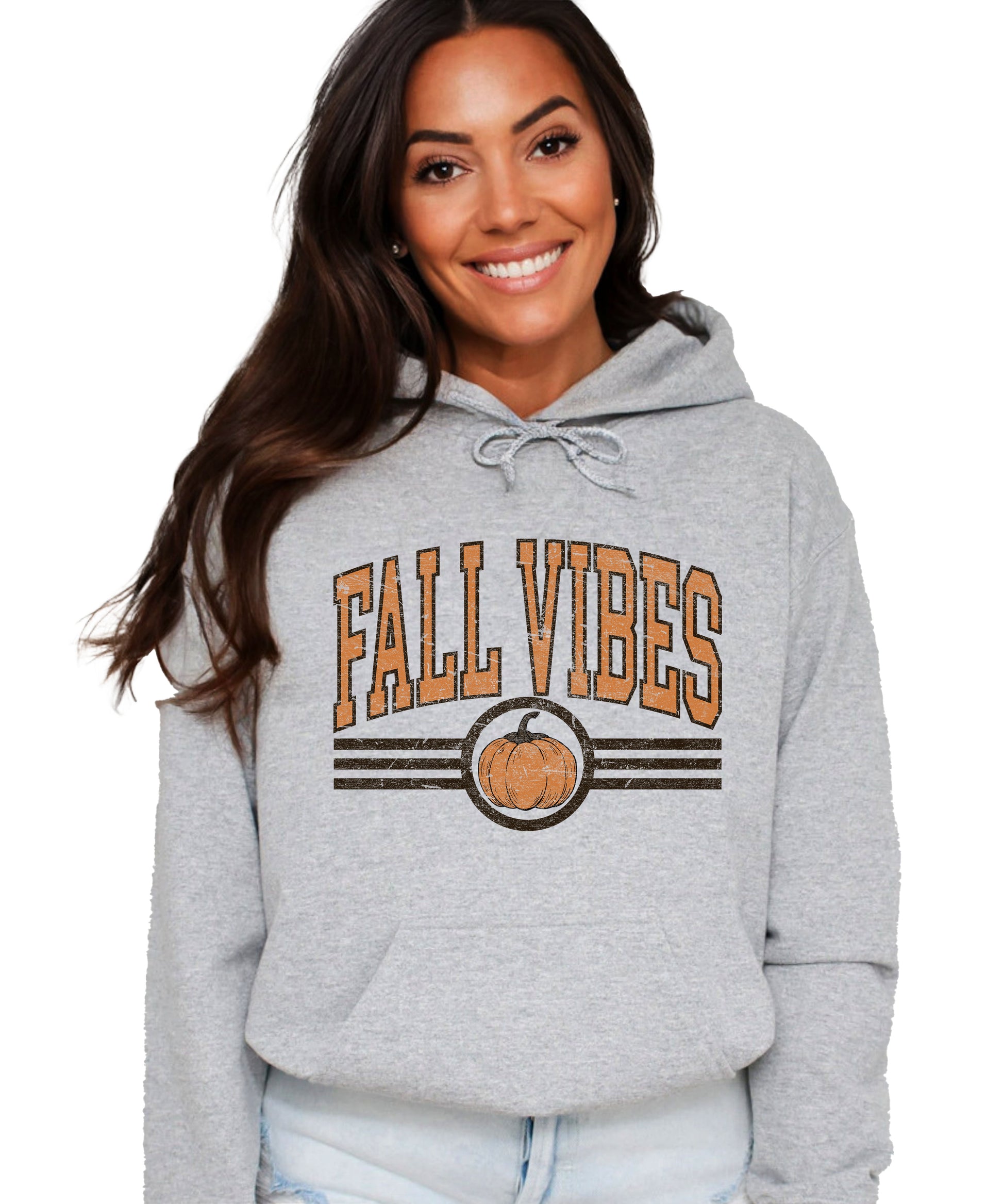 Fall Vibes vintage varsity pumpkin hoodie for women in Gray, styled view