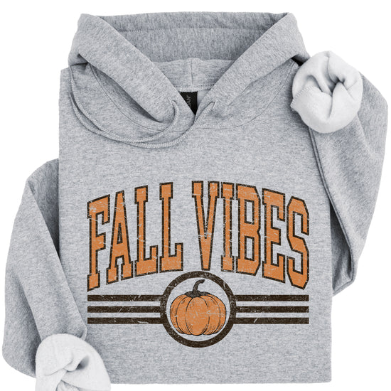 Fall Vibes vintage varsity pumpkin hoodie for women in Gray, graphic detail