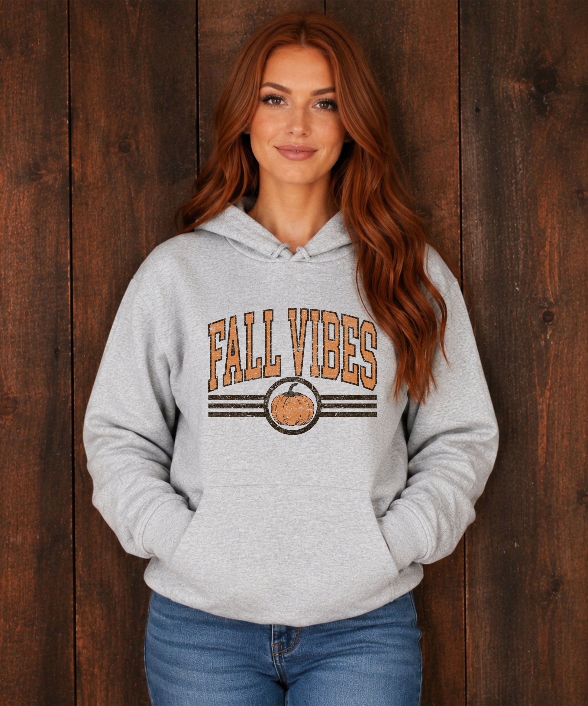 Fall Vibes vintage varsity pumpkin hoodie for women in Gray, lifestyle view