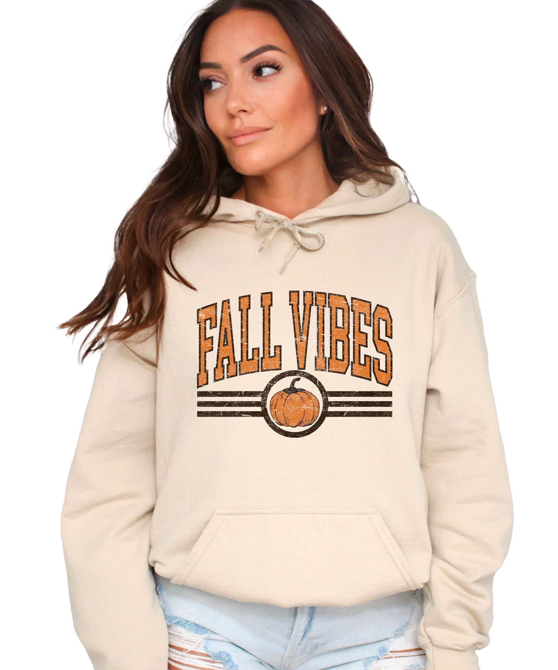 Fall Vibes vintage varsity pumpkin hoodie for women in Sand, front view