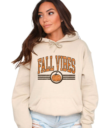 Fall Vibes vintage varsity pumpkin hoodie for women in Sand, front view