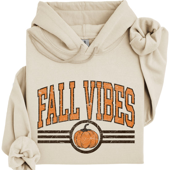 Fall Vibes vintage varsity pumpkin hoodie for women in Sand, graphic detail