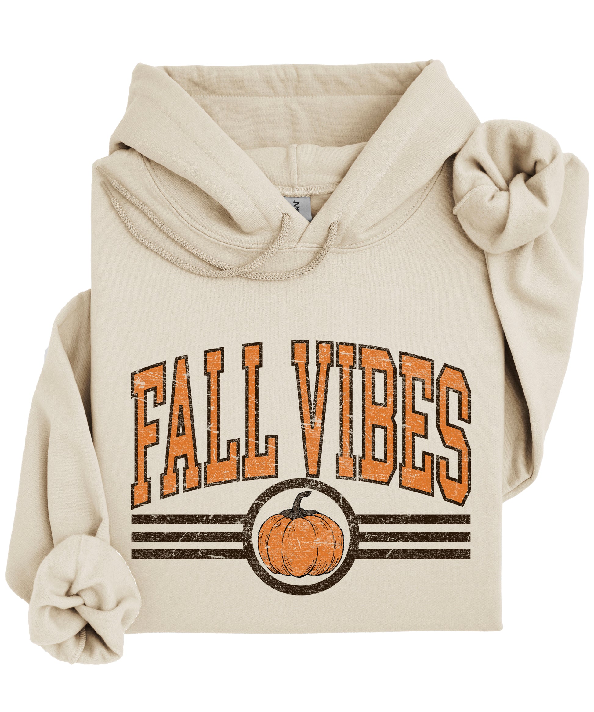 Fall Vibes vintage varsity pumpkin hoodie for women in Sand, graphic detail