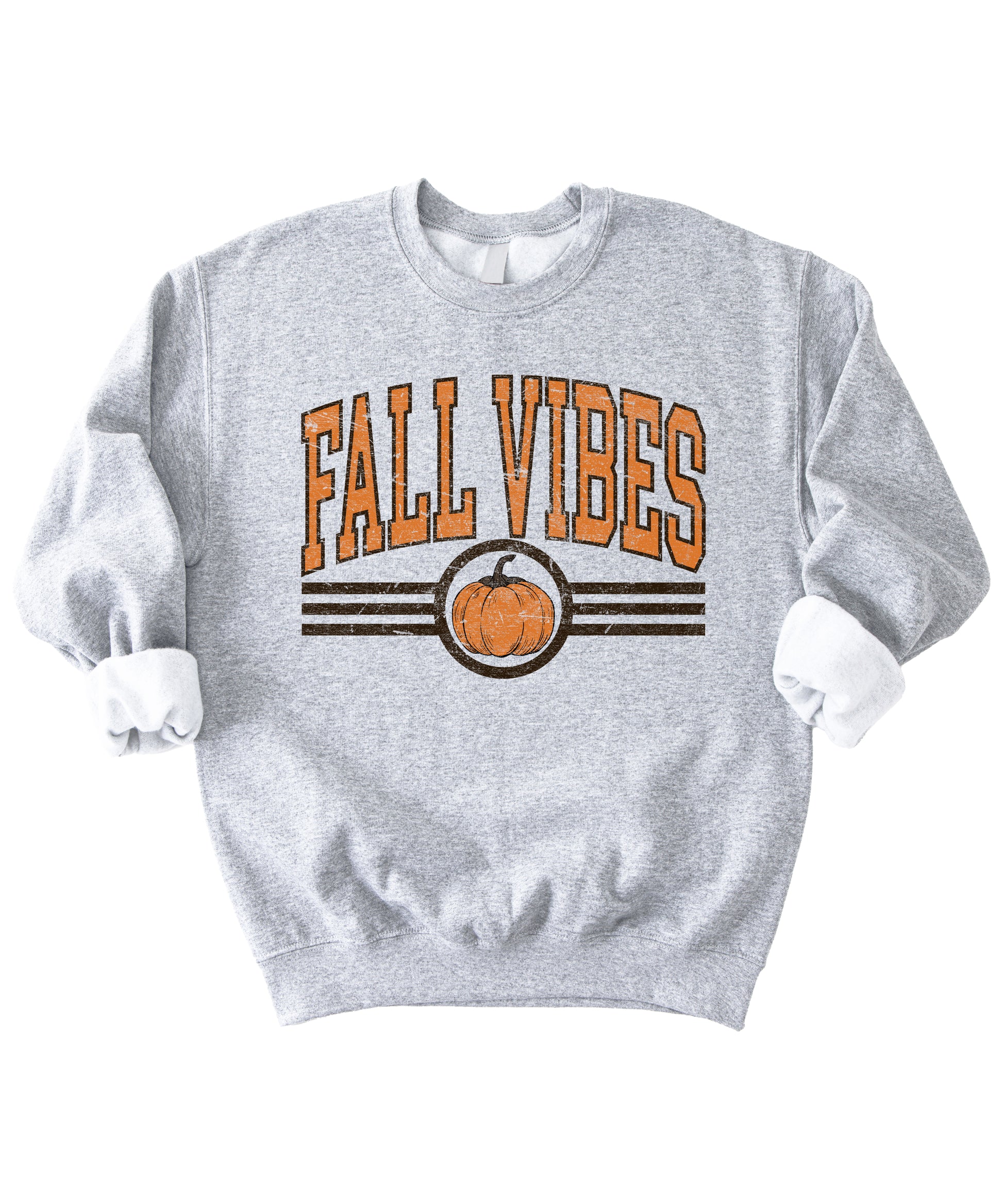 Fall Vibes retro pumpkin graphic crewneck sweatshirt in Gray, flat lay