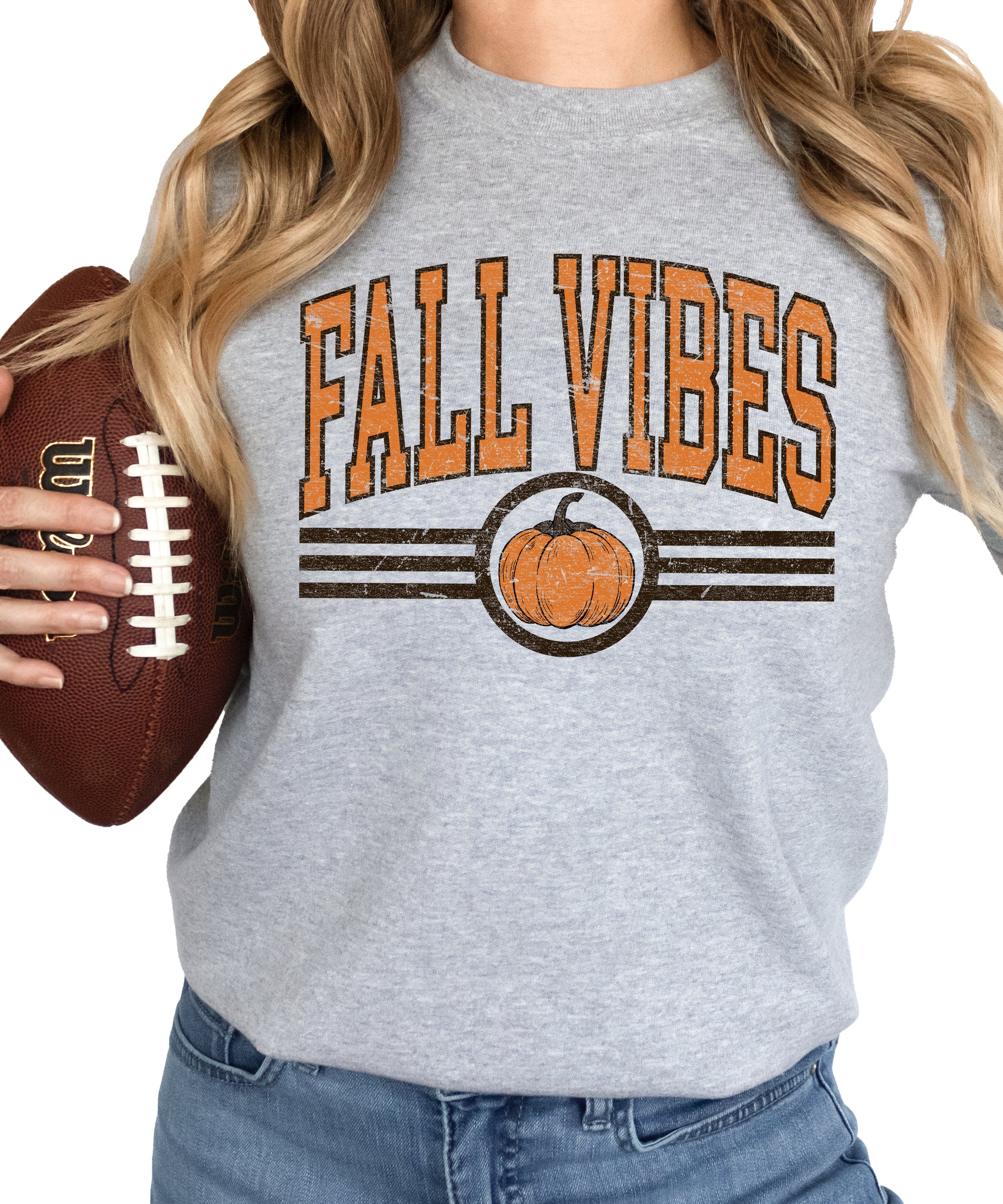 Fall Vibes retro pumpkin graphic crewneck sweatshirt in Gray, model wearing