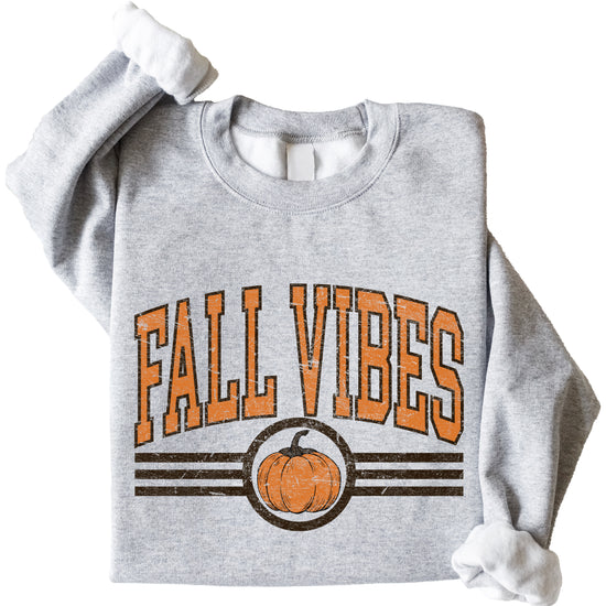 Fall Vibes retro pumpkin graphic crewneck sweatshirt in Gray, lifestyle shot