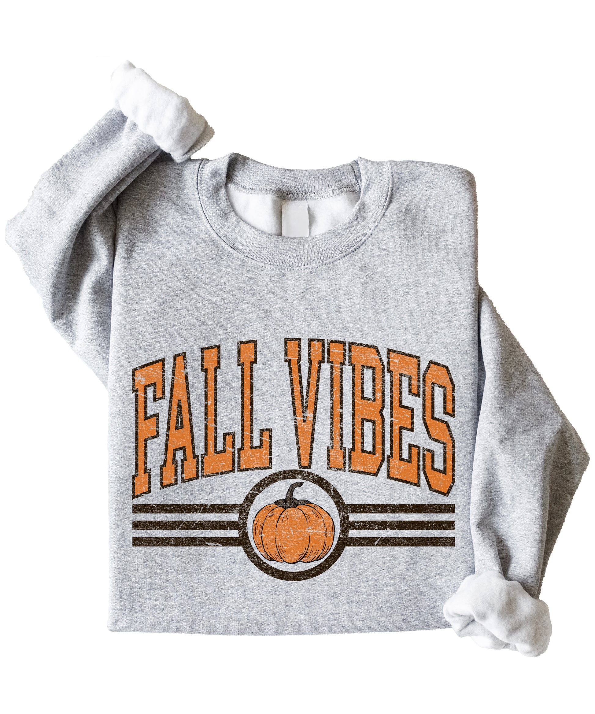 Fall Vibes retro pumpkin graphic crewneck sweatshirt in Gray, lifestyle shot