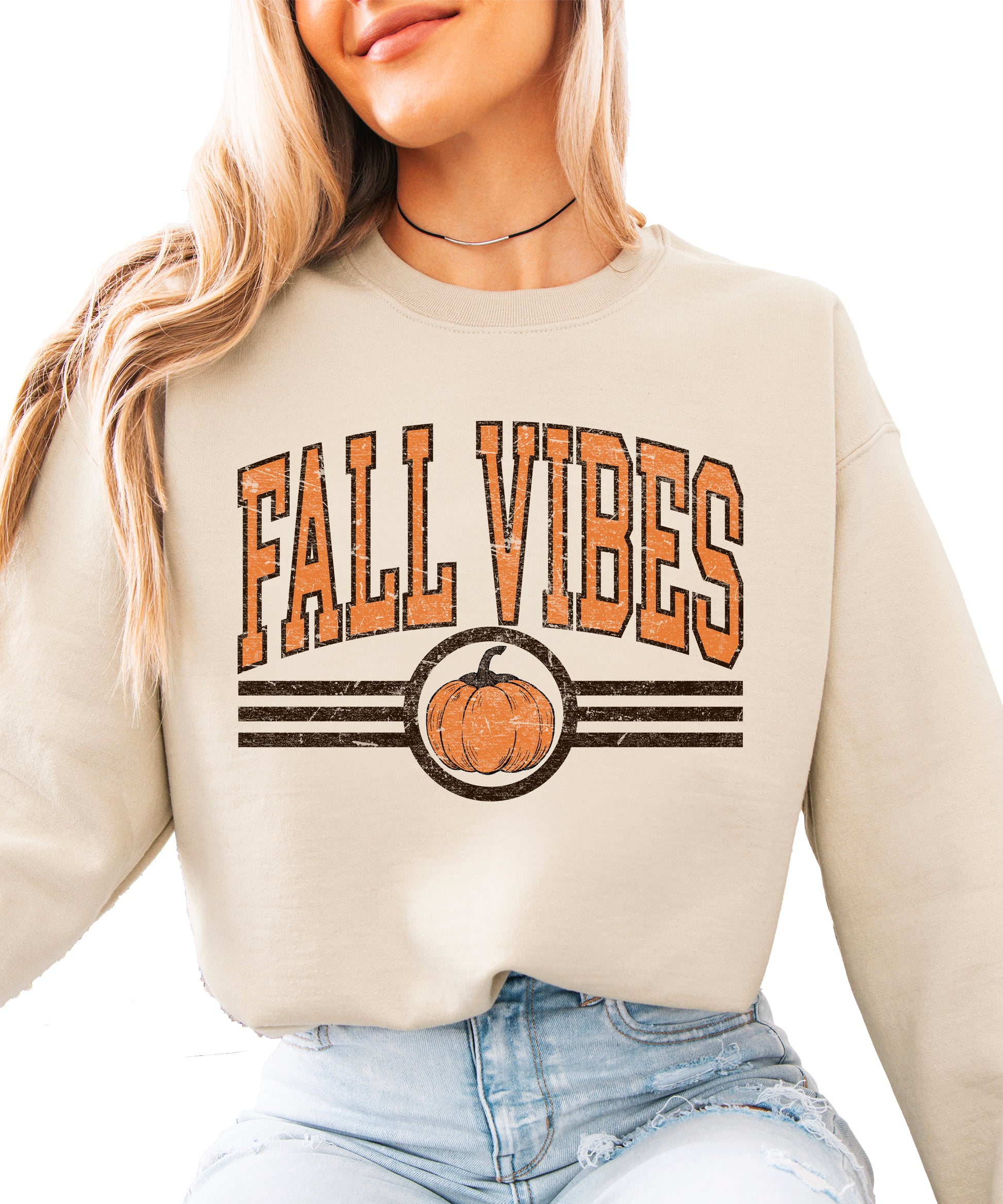Fall Vibes retro pumpkin graphic crewneck sweatshirt in Sand, front view