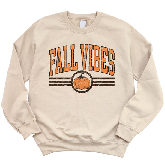 Fall Vibes retro pumpkin graphic crewneck sweatshirt in Sand, flat lay