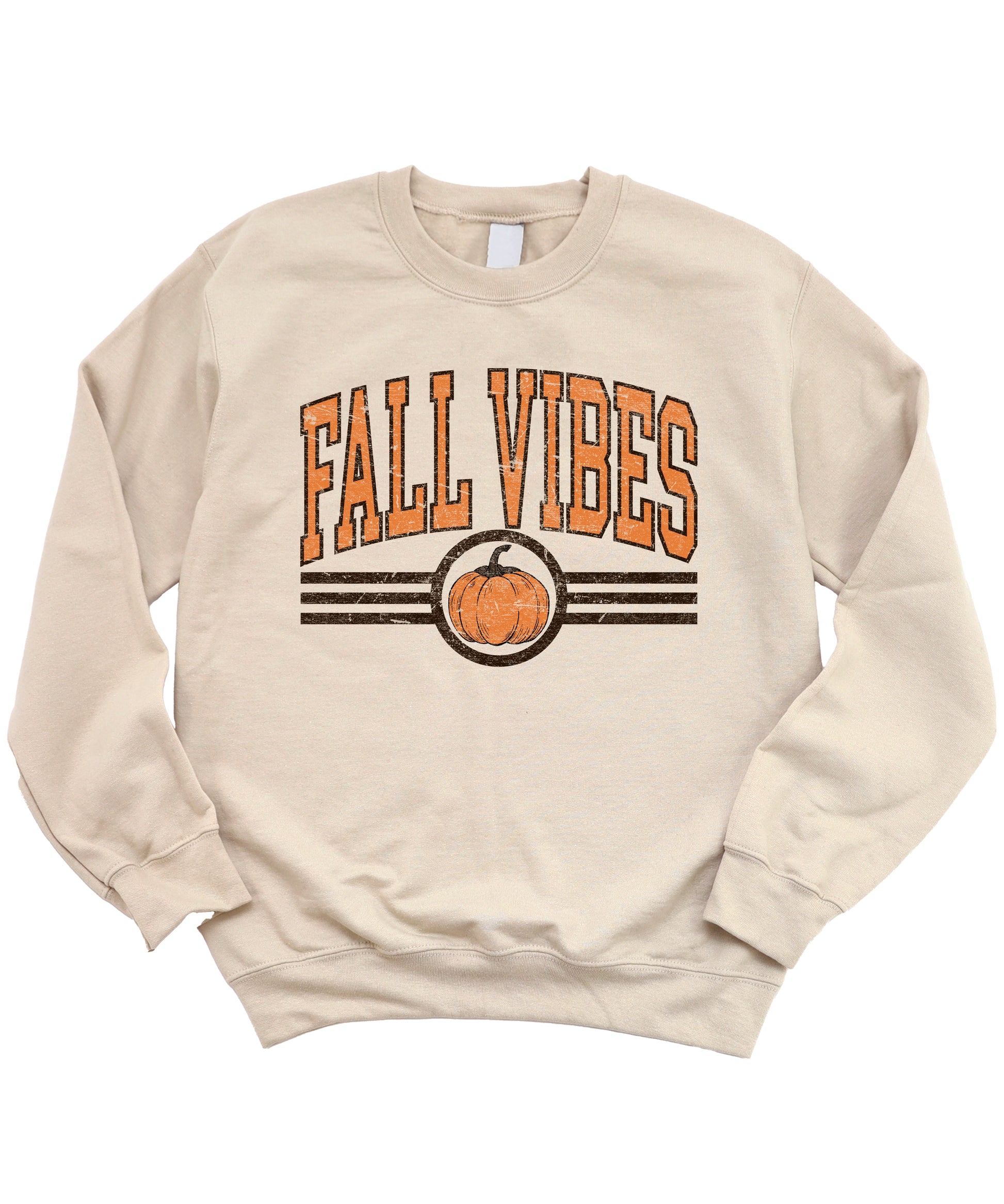 Fall Vibes retro pumpkin graphic crewneck sweatshirt in Sand, flat lay