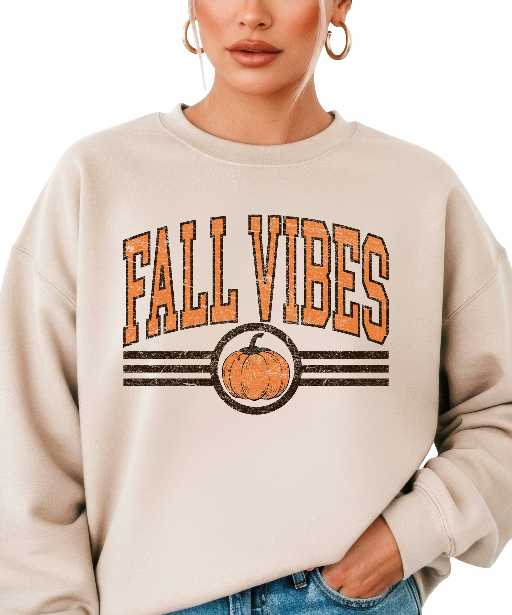 Fall Vibes retro pumpkin graphic crewneck sweatshirt in Sand, detail of the graphic