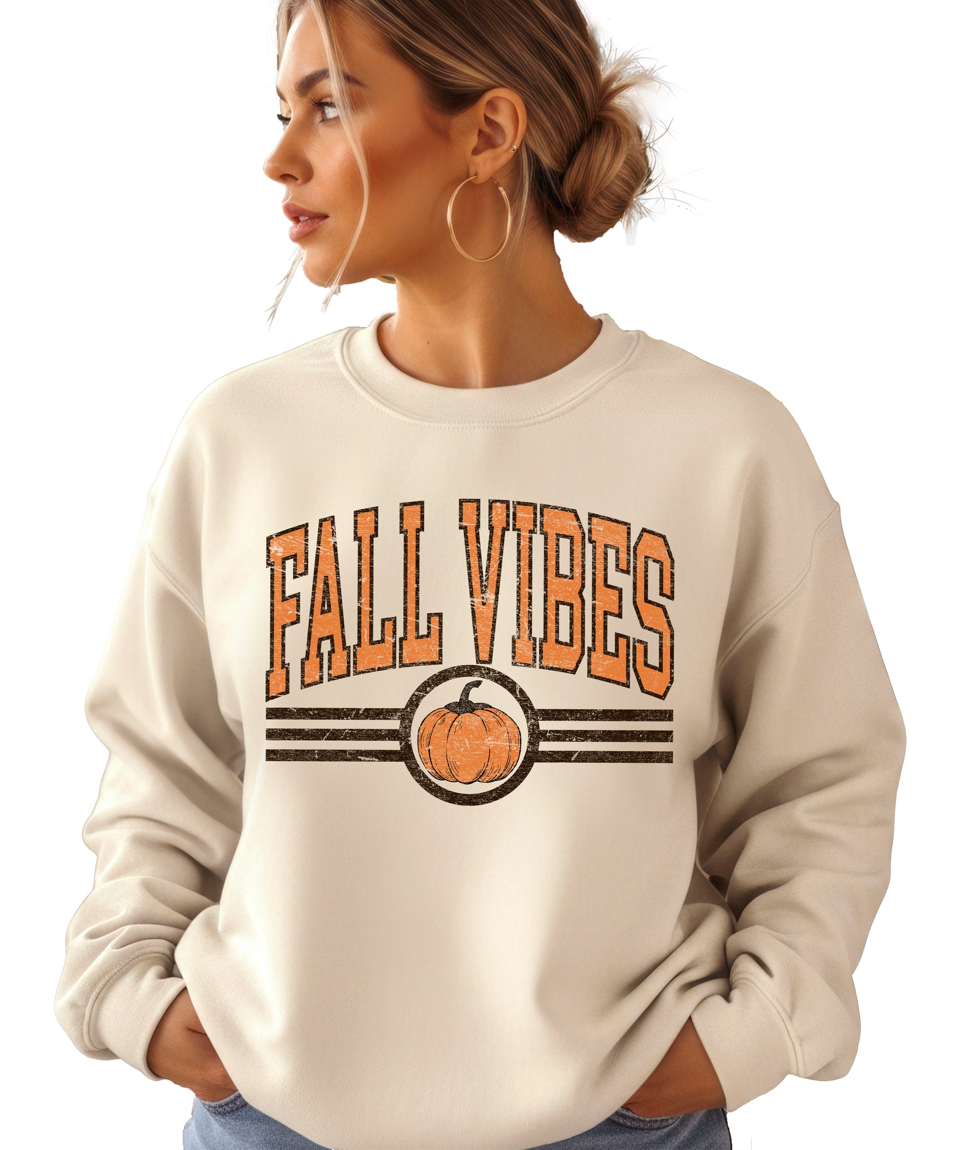Fall Vibes retro pumpkin graphic crewneck sweatshirt in Sand, model wearing