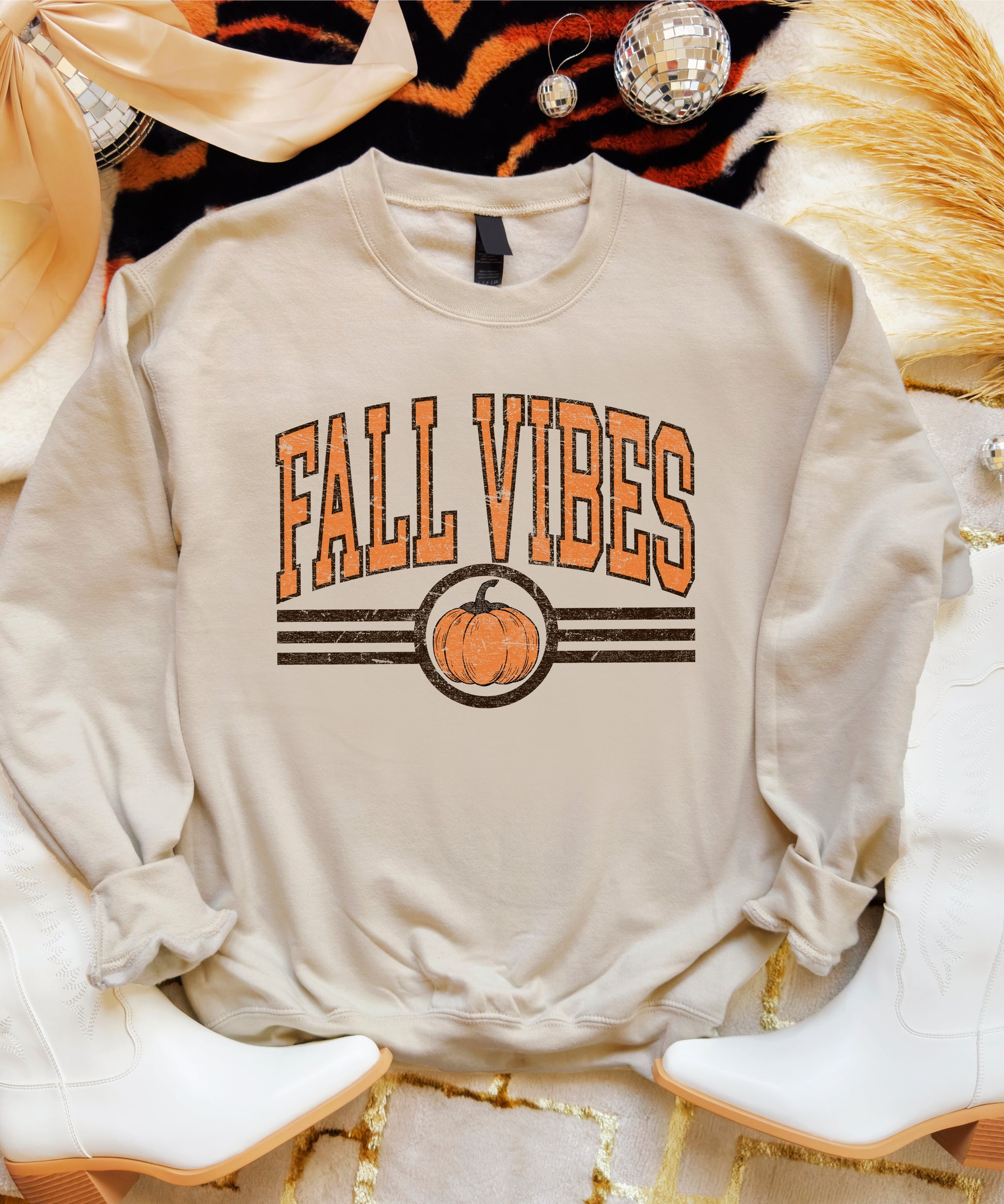 Fall Vibes retro pumpkin graphic crewneck sweatshirt in Sand, lifestyle shot