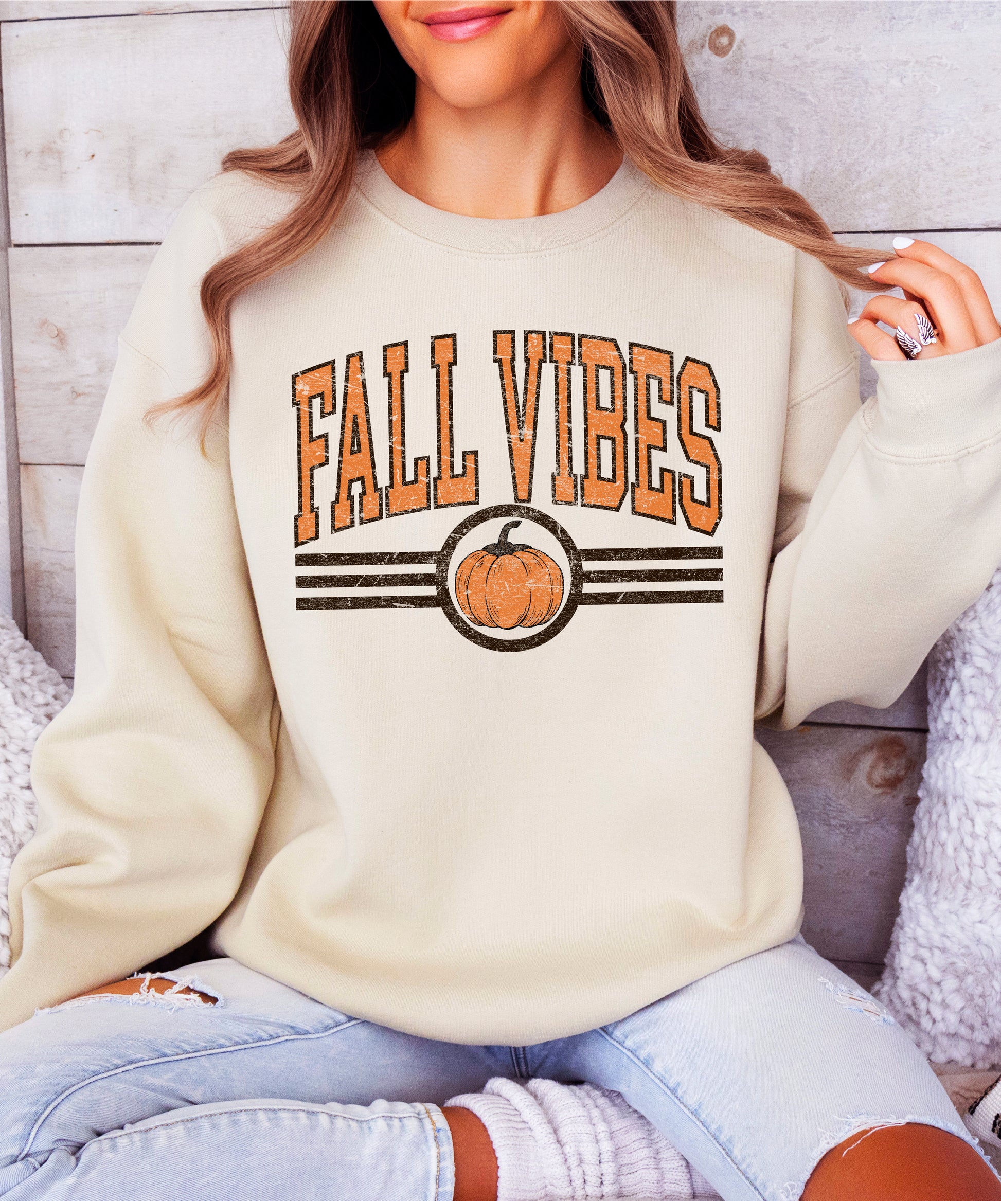 Fall Vibes retro pumpkin graphic crewneck sweatshirt in Sand, styled outfit