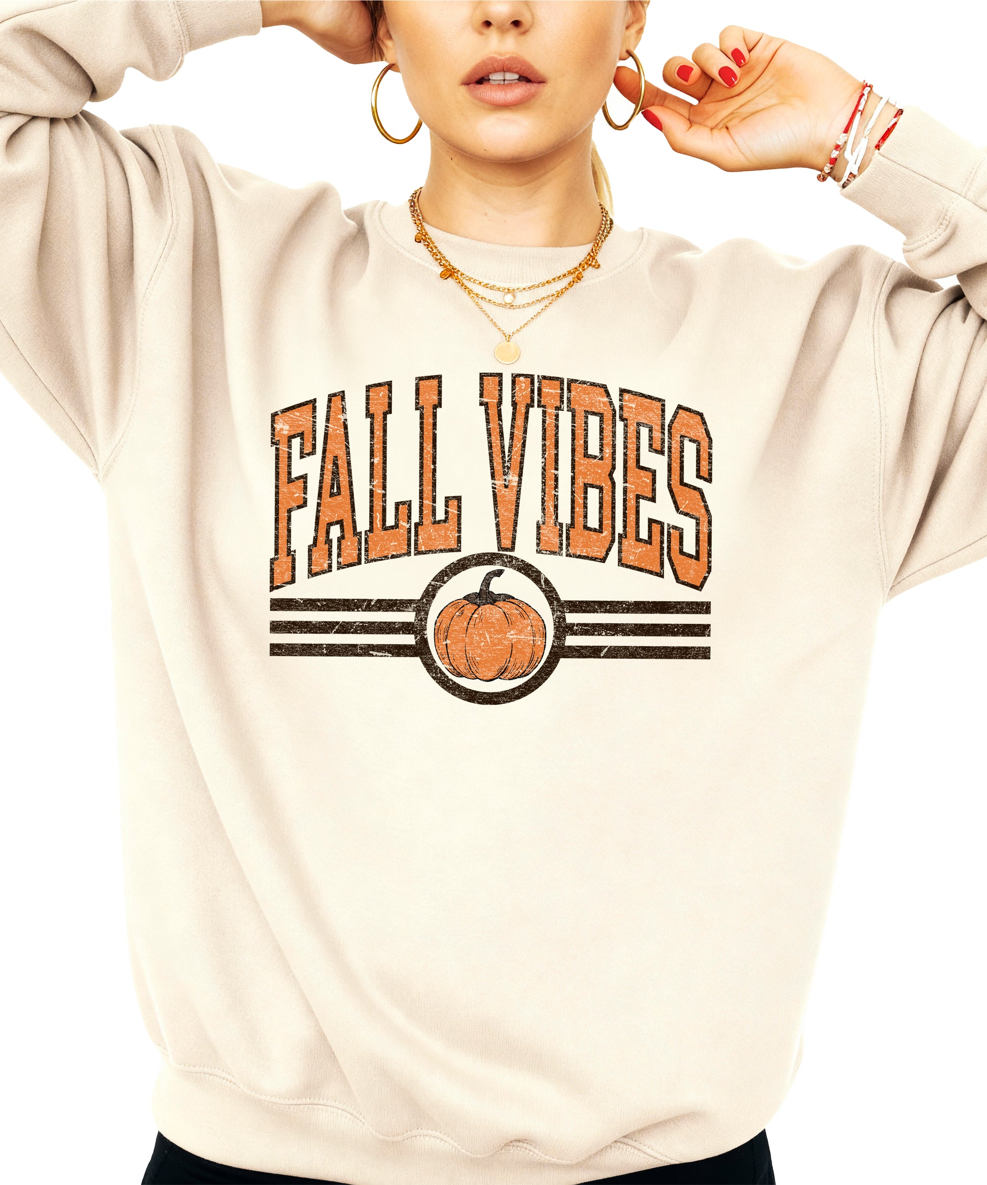 Fall Vibes retro pumpkin graphic crewneck sweatshirt in Sand, close-up texture